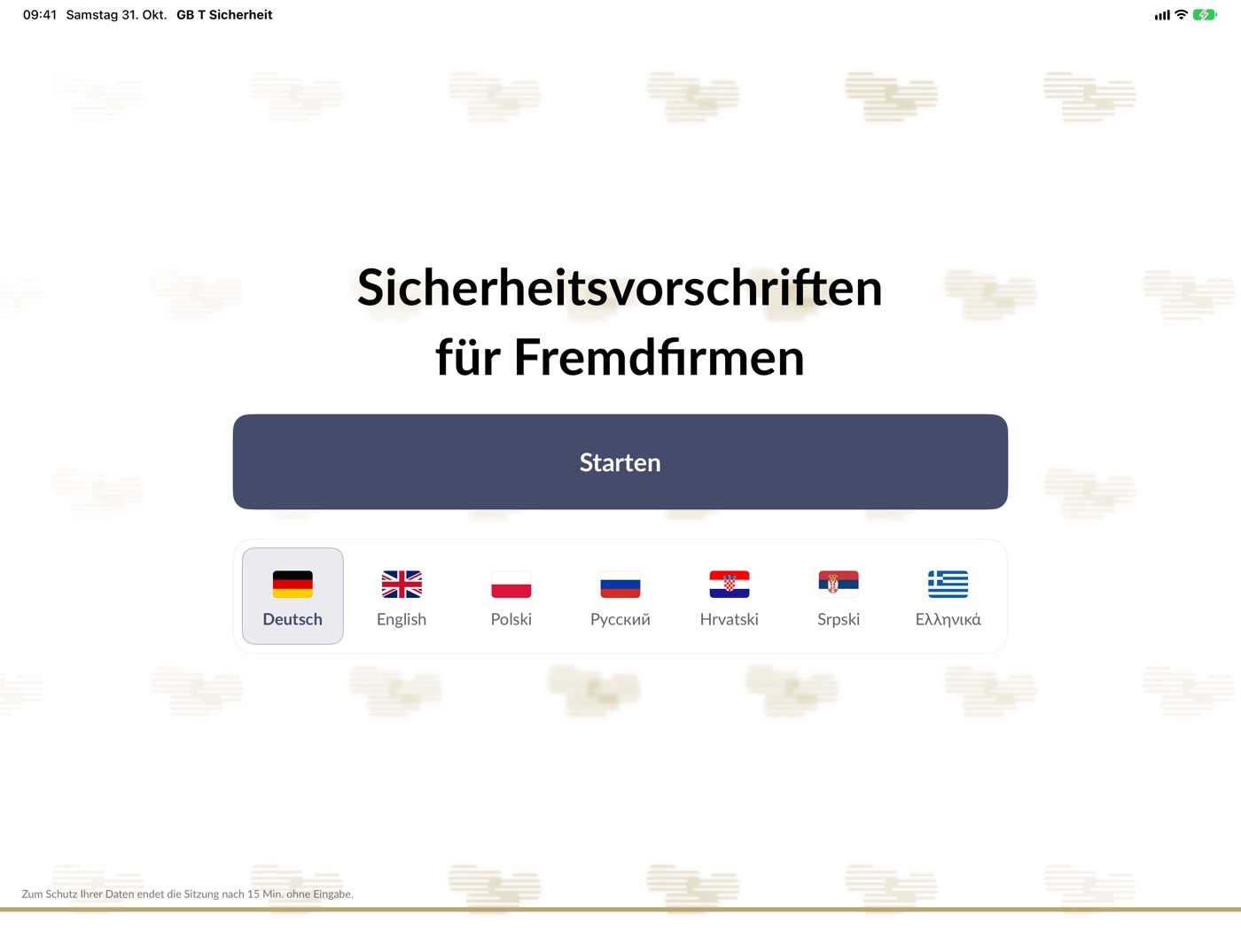 Startbildschirm der iPad-App GB T Sicherheit mit Kursstart und Sprachauswahl